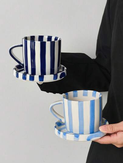 一套蓝色陶瓷咖啡杯碟，简约欧式手绘陶瓷杯碟，高品质下午茶杯，陶瓷马克杯，咖啡杯，早餐牛奶杯，红茶杯，礼品杯