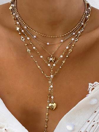Set de 5 collares en forma de Y, collares largos para superposición, con colgantes de corazón, perla falsa, lazo, geométrico, cadena de metal, diseño vintage elegante de múltiples piezas, adecuado para vacaciones, fiestas, citas, regalos, uso diario