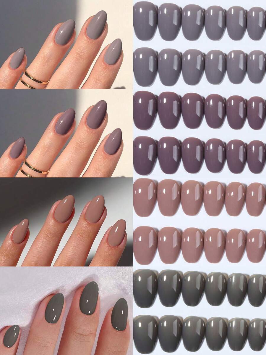 96pcs/Box (4 Boxes Assorted) Short Oval Brown/Gray Acrylic Nail Stickers, Full Coverage Fake Nails, Includes 1 Jelly Gel And 1 Nail File, With Storage Box, Suitable For Women And Girls For Daily Life And Parties - Multicolor - View 1