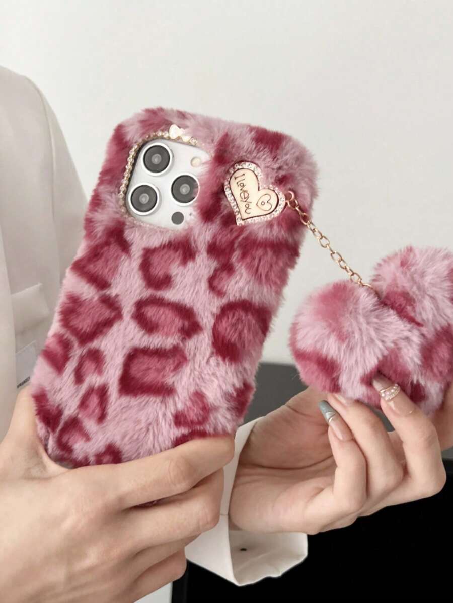 Nuevo estuche de teléfono de peluche con corazón de estampado de leopardo hecho a mano, compatible con Apple, teléfonos - Multicolor - Ver 1