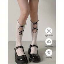 Women's Style Mid-Calf Socks - Double Bow Detail, Breathable Silky Mesh Design, All-Day Comfort High Elasticity - Elegant Spring Summer Socks (Black) - 紅色 - 查看 4