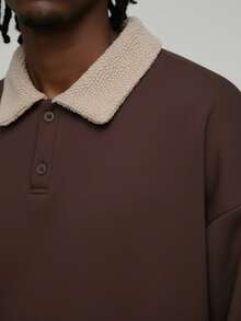 Men's Casual Sherpa Patchwork Collar Pullover Sweatshirt, Minimalist Style For Winter - Brown - View 4