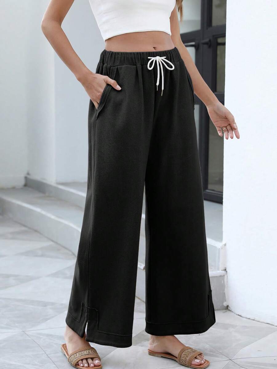 Women's Wide Leg Pants High Waisted Baggy Flowy Lounge Trousers With Pockets Soft Casual Elastic Waist Palazzo Pants For Summer Casual OfficeTravel Ribbed Pants - 黑色 - 查看 1