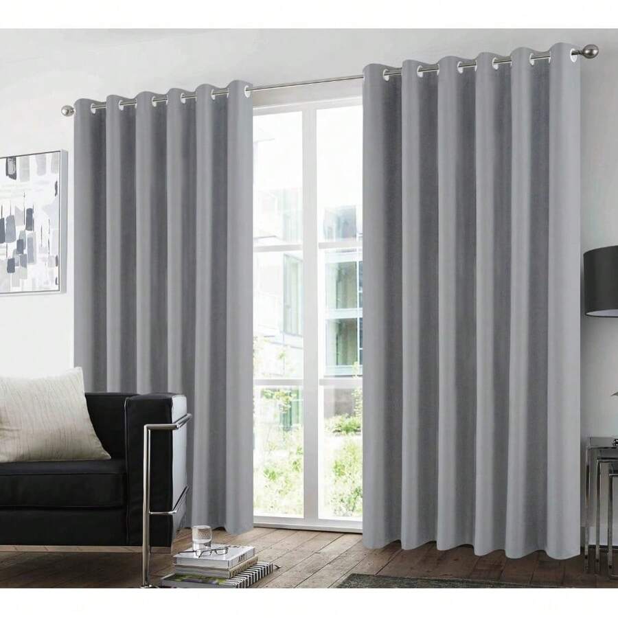 Blackout Curtains Pair Microfibre Eyelet Ring Top Ready Made Plain Light Blocking - 灰色 - 查看 1