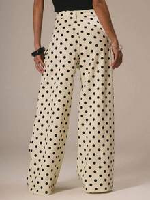 Women's Polka Dot Wide-Leg Jeans, High-Waisted Loose Flared Pants, Straight-Leg Retro Street Jeans - 白色 - 查看 3