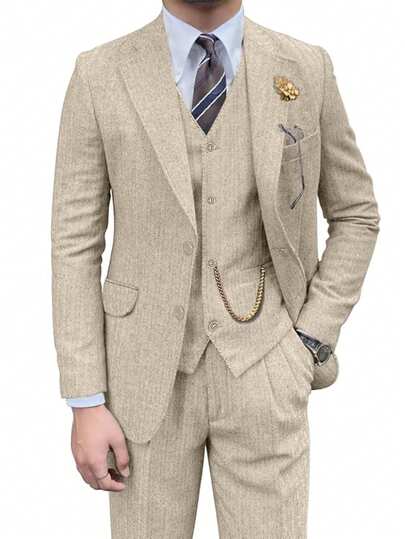 Furuyal Autumn/Winter Men's Herringbone Tweed 3 PiecesSuit Set, Gentlemen's Solid Color Double-Breasted Slim Fit Formal Wear, Business Formal Single-Breasted Jacket, Vest And Pants Set, Suitable For Balls, Parties And Other Occasions, Showcasing A Retro Gentleman Style