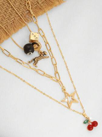 3 件金属可爱卡通仿樱桃、豹纹、水晶星星多层项链套装，女士 Y2K 派对颈饰
