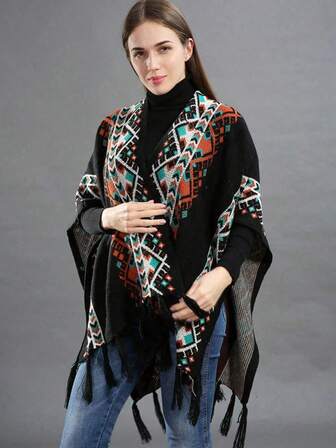 1 pieza Chal bohemio para mujer, nuevo chal tipo poncho de punto para otoño/invierno, chal largo suave y cálido, adecuado para usar dentro y fuera