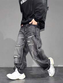 Calça Jeans Reto com Lavagem Vintage e Desgaste, Ajuste Folgado e Solto para Homens