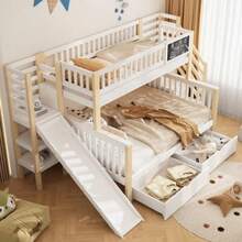 Hausbett, Kinderbett, Etagendoppelbett, multifunktionales Kinderbett, mit Treppe und Aufbewahrungsschränken, Mit Rutsche und kleiner Tafel, 140*200cm & 90*200cm, bianco(OLD SKU:N634P1941390123W) - Bianco+Naturale - Visualizzare 4