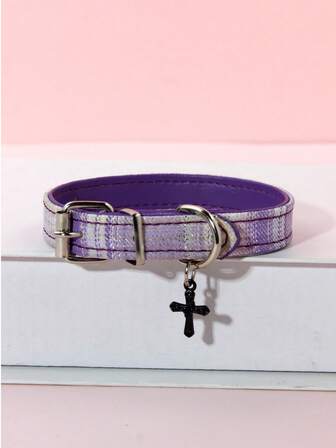 1pc Polyester Plaid Thickened Adjustable Pet Collar, Suitable For Small/Medium/Large Dogs & Cats, Teddy, German Shepherd, Dachshund, Chihuahua, All Seasons, With Black Pendant