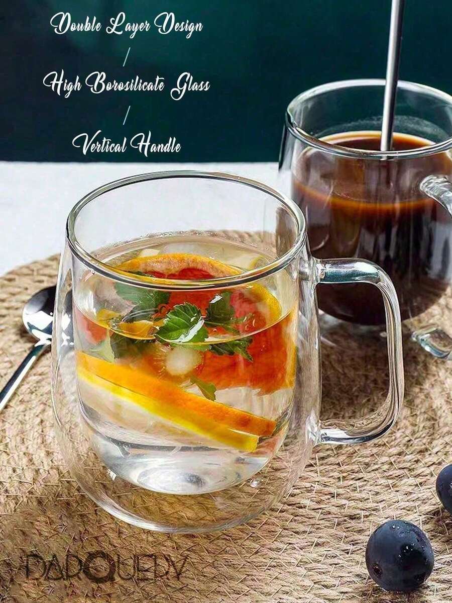 1pc Lightweight & Luxurious Double-Layer Insulated Glass Coffee Cup, Double-Layer Insulation, Transparent, With Convenient Handle, Suitable For Cappuccino, Latte, Tea, Hot & Cold Beverages