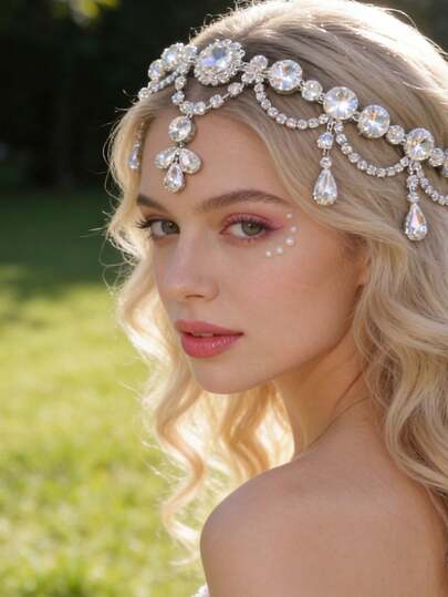 Bridal Wedding Crystal Glass Fairy Tassel Headpiece, Elegant European And American Style Forehead Chain Water Drop Headband