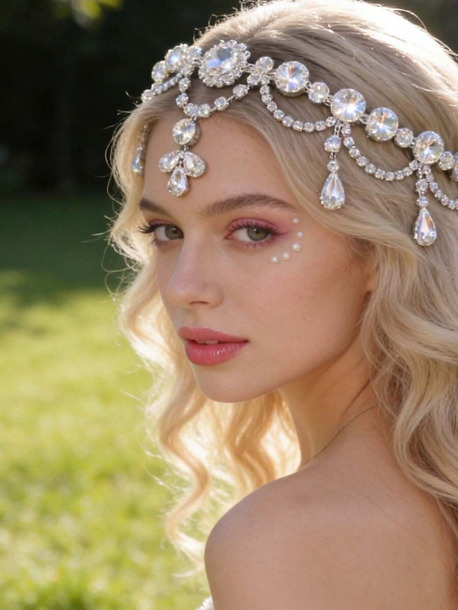 Bridal Wedding Crystal Glass Fairy Tassel Headpiece, High-End; European & American Style Forehead Chain Water Drop Headband - Multicolor - View 1