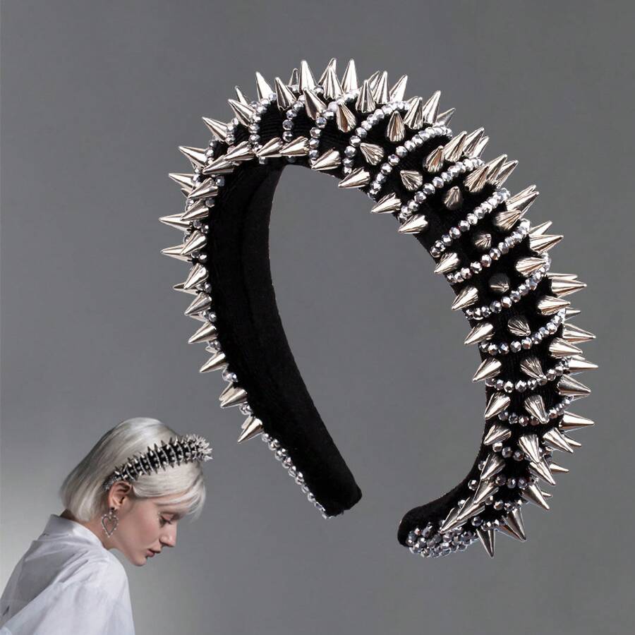 1pcs Rivet Rhinestone Wide Headband - Black And Silver Color Block + Rivet Sparkling Rhinestone Design, Suitable For Cool / Street Style, Unique Niche Face-Slimming Hair Accessory - 白色 - 查看 1