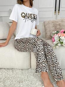 2pcs White Short Sleeve Top + Leopard Print Pants Pajama Set For Women - White - View 4