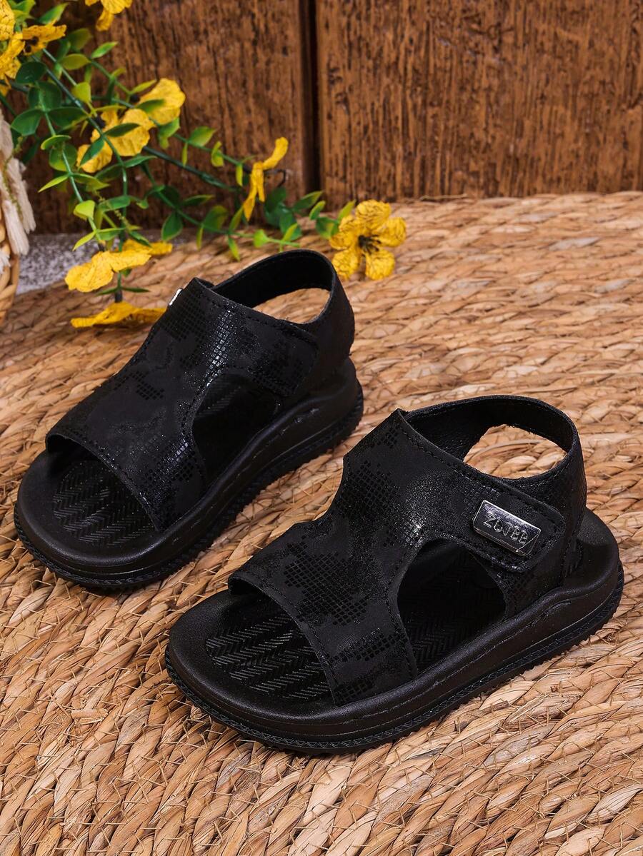 1 Đôi Dép đế bằng thiết kế móc và vòng chất liệu PU thời trang Unisex, đế mềm chống trượt cho bé mới biết đi, Giày đi biển đa năng cho trẻ em, Thích hợp cho mùa hè - màu đen - Xem 1