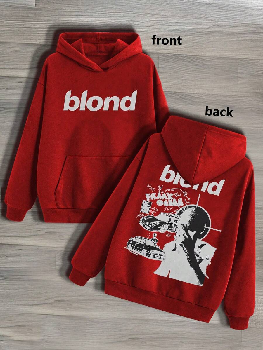 Men's 450g Heavyweight High-Quality Hoodie | Large "Blond" Text & Human Silhouette Print | Casual Long-Sleeve Pullover Hoodie With Pocket For Autumn & Winter (Suitable For Daily Wear & Gifting) - 紅色2 - 查看 1
