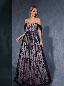 Embroidered Mesh Off-Shoulder Bridesmaid Dress - Black - View 3