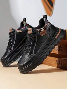 Men's High-Top Leather Motorcycle Boots, 2025 New Thick Sole Anti-Slip Wear-Resistant Round Toe Lace-Up Retro Comfortable PU Leather Waterproof Anti-Oil Soft Comfortable Men High-Top Shoes, Outdoor Sports Random Geometric Pattern Comfortable Men Sports Shoes - Black - View 1