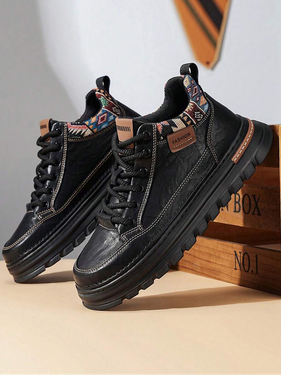 Men's High-Top Leather Motorcycle Boots, 2025 New Thick Sole Anti-Slip Wear-Resistant Round Toe Lace-Up Retro Comfortable PU Leather Waterproof Anti-Oil Soft Comfortable Men High-Top Shoes, Outdoor Sports Random Geometric Pattern Comfortable Men Sports Shoes - Black - View 1