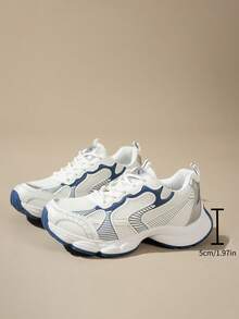 女士新款休闲运动鞋，透气网面厚底坡跟系带轻便百搭时尚运动鞋，白色/灰色，适合所有季节，运动休闲鞋 - 藍色 - 查看 7