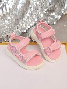 1双可爱女童粉色凉鞋，闪亮装饰，魔术贴搭扣，圆头软底公主鞋，轻便沙滩/水鞋，适合所有季节 - 粉色 - 查看 5