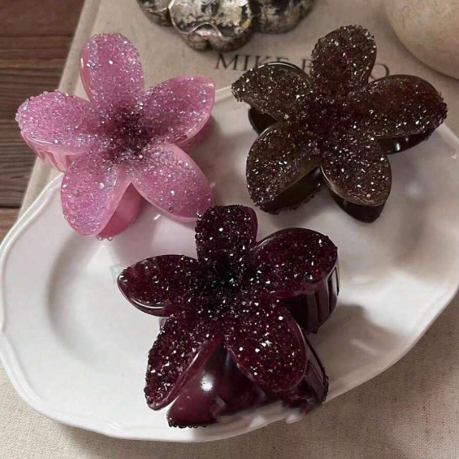 1个女士大号波西米亚风花朵发夹 - 闪亮花朵发卡，五瓣设计，黑/红/粉/金/白/紫配色，适合女性，优雅发饰，适用于情人节、婚礼、派对和日常穿搭 - 防滑固定发爪，多功能发夹，适合编发和盘发造型，女士时尚发夹 - 彩色 - 查看 1