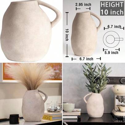 Decorative Rustic Ceramic Vases for Table Centers Unique Textured Terracotta Boho Vase with 10-inch High Handle for Flower Arrangements Round Jar