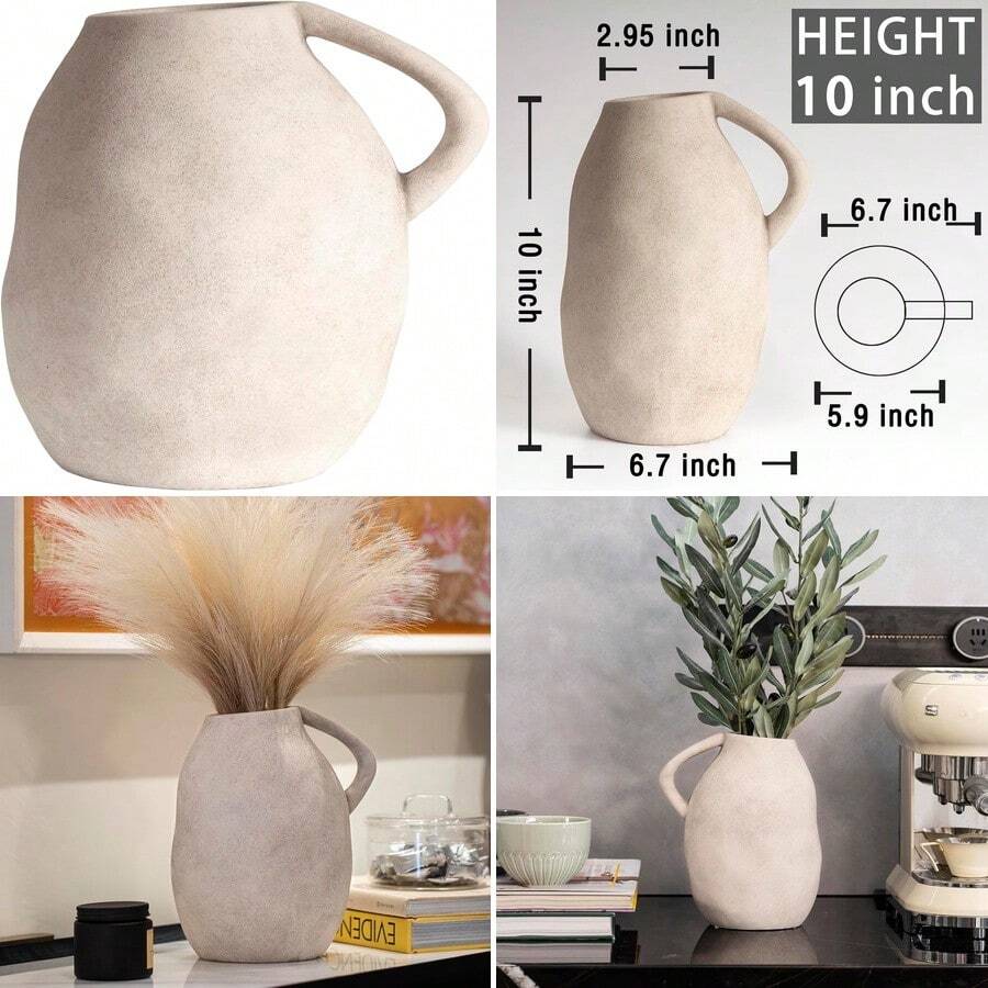 Decorative Rustic Ceramic Vases for Table Centers Unique Textured Terracotta Boho Vase with 10-inch High Handle for Flower Arrangements Round Jar - Urna griega carbón - Ver 1