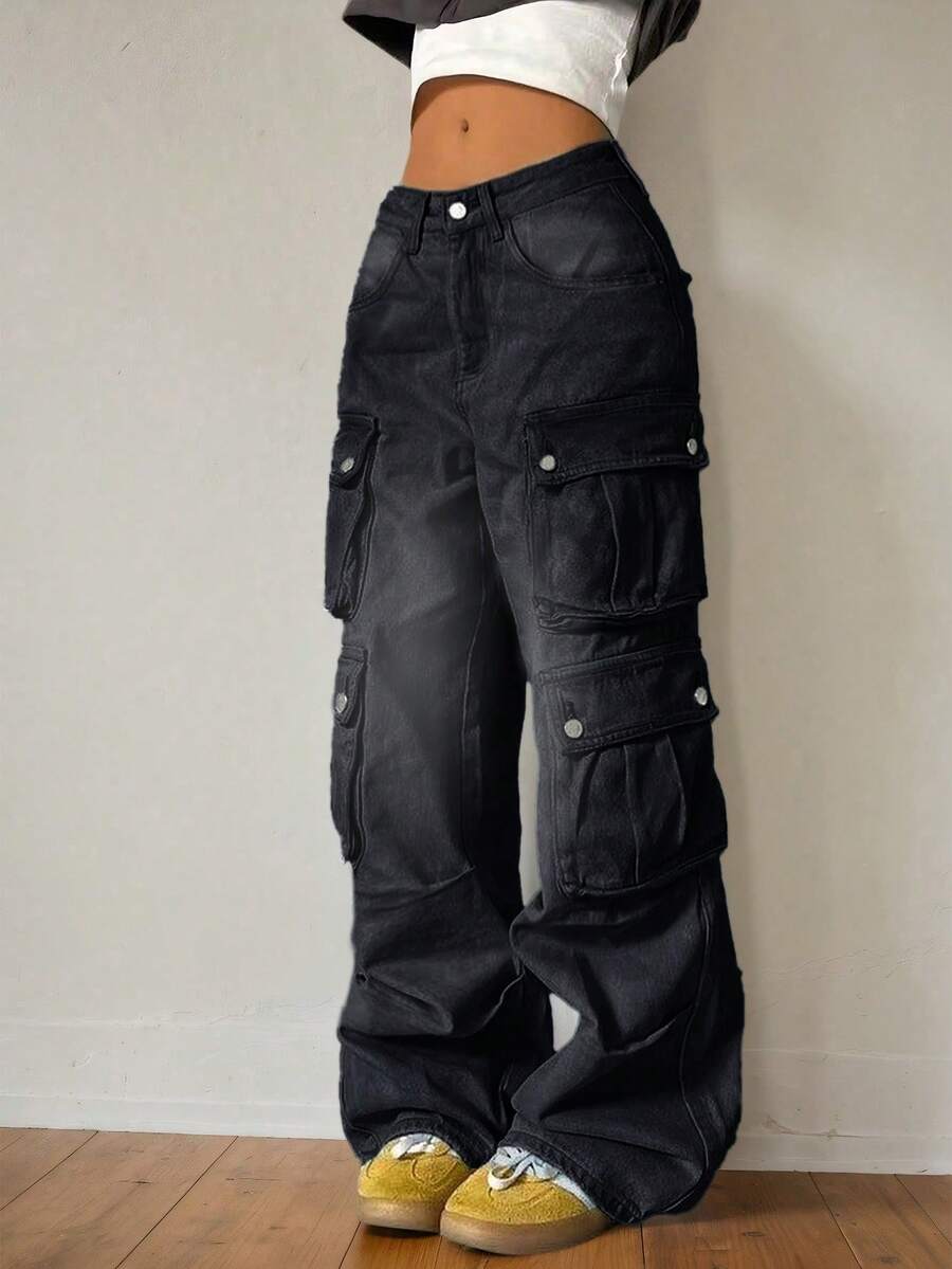 Y2K Streetwear Multi-Pocket Cotton Straight Leg Heavy Industry Cargo Jeans Loose Wide-Leg Denim Pants Music Festival - Black - View 1