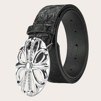 1pc Boho-Chic Black Faux Leather Belt With Vintage Oval Hollow Buckle - Versatile For Jeans, Dresses & Casual Wear