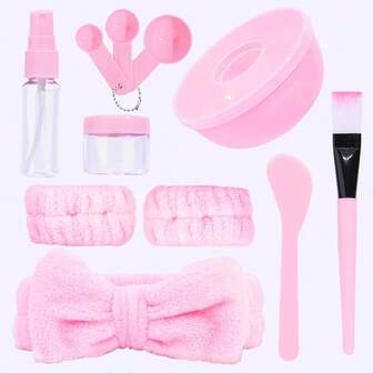 9ชิ้น/ชุด ชุดเครื่องมือมาส์กหน้า DIY สีชมพู ประกอบด้วยชามมาส์ก, แปรงทำความสะอาด, ขวดสเปรย์, ที่คาดผมโบว์, สายรัดข้อมือ ฯลฯ - เหมาะสำหรับทำผลิตภัณฑ์ดูแลผิว, ดูแลผิวหน้า, เหมาะสำหรับใช้ในชีวิตประจำวัน