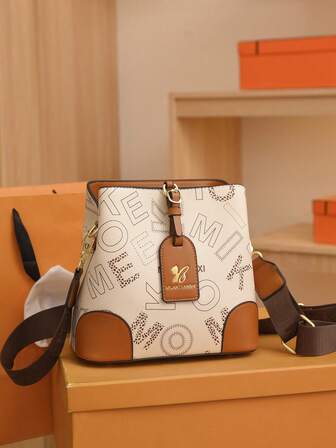 1 st vintage pendlarväska, mångsidig och hållbar bokstavsmönstrad, justerbar bred rem, axelväska