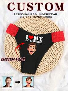 1 Stück Damen sexy nahtlose Slips mit individuell bedrucktem Foto, eigenes Cartoon-Motiv anpassen, Liebes-Wasserzeichen Geschenkdruck Muster, Spitze, dehnbar, bequem, weich, Unterwäsche als Geschenk für Ehefrau, Freundin, Feiertag