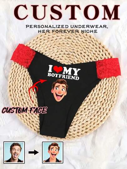 1pc Women's Sexy Seamless Thong Panties, Customizable With Photo, Cartoon Pattern, Heart Watermark, Lace Elastic Soft Lingerie, Ideal Gift For Wife/Girlfriend