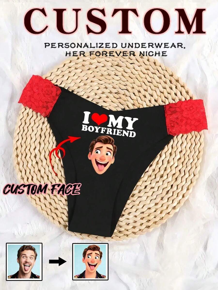 1 Stück Damen sexy nahtlose Slips mit individuell bedrucktem Foto, eigenes Cartoon-Motiv anpassen, Liebes-Wasserzeichen Geschenkdruck Muster, Spitze, dehnbar, bequem, weich, Unterwäsche als Geschenk für Ehefrau, Freundin, Feiertag