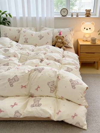 3件套米色可爱卡通熊超柔软加厚水洗超细纤维被套套装（1个被套+2个枕套），枕套尺寸随机裁剪，不含被芯