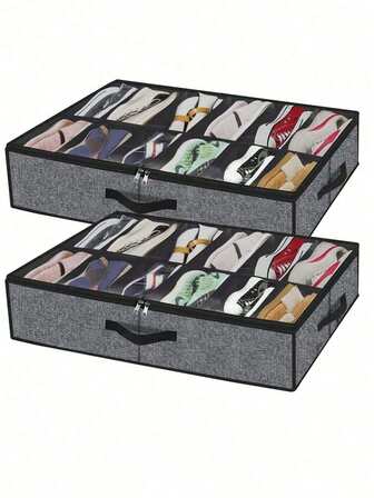 1个12格黑色包边亚麻灰可折叠床底鞋架，12格防尘无纺布可堆叠鞋盒，手提鞋盒收纳袋，加厚无纺布储物盒，节省空间且结构稳固，采用2毫米厚纸板，适用于高跟鞋和运动鞋，29.3英寸