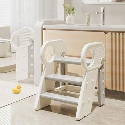 Toddler Step Stool 3 Step Foldable Step Stool For Bathroom Sink Non-Slip Stool Helper Toddlers Potty Training Toilet Child Kitchen Counter Stool Helper Ladder For Toddler Grey