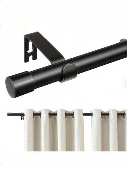 طقم ستائر أسود قابل للتعديل الطول، طقم ستائر معدني، يشمل أقواس تركيب سهلة، ديكور عصري بسيط، تصميم أسود مطفي، مناسب للستائر الشفافة/ستائر الحمام