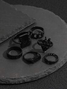 6pcs Punk Style Dripping Oil Heart Letter Poker Card Rings Set For Women