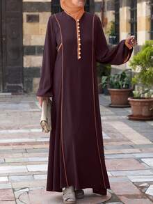 Vestido largo de apertura frontal de bloques de color, vestido largo de estilo árabe para mujer para otoño/invierno, vestido abaya árabe elegante de manga larga y modesto, para uso diario casual, abaya de rayón con ribete de sesgo - Trufa marrón - Ver 4