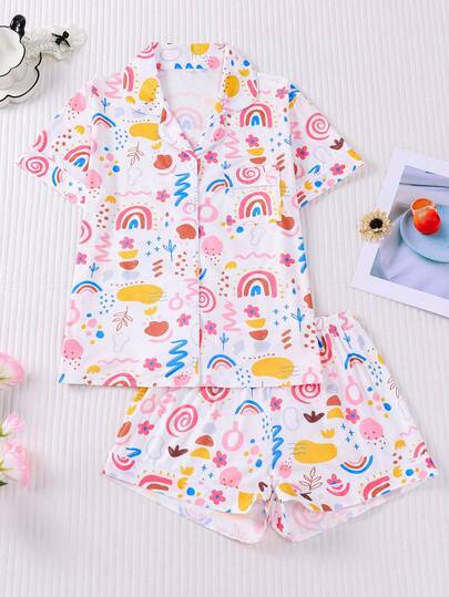两件套春夏女士睡衣套装，卡通花卉印花，舒适衬衫领短袖上衣搭配松紧腰短裤，适合派对、休闲户外和居家穿着。