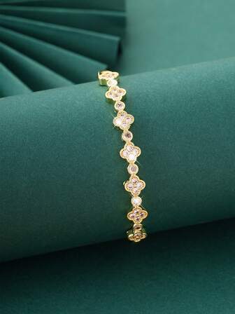 1pc Elegant Luxury 4-Flower Zirconia Bracelet, Graceful High-End Vibe, Suitable As Holiday Gift
