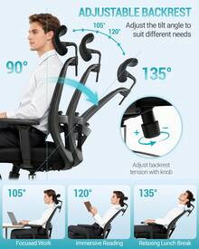 HaluPeit Chaise de Bureau Ergonomique, avec Support Lombaire et accoudoir réglable, Appui-tête 3D réglable, Inclinaison 135°, Capacité de Charge Maximale 150 kg, pour Bureau à Domicile, Noir - Noir - Voir 5