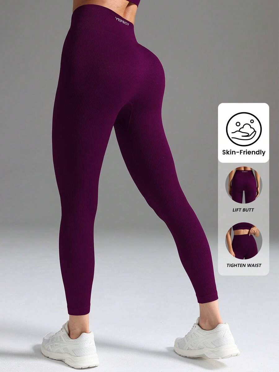 Quần legging nữ không đường may, cạp cao, có gân - Quần yoga co giãn cao, không lộ bụng, ôm sát vùng bụng.