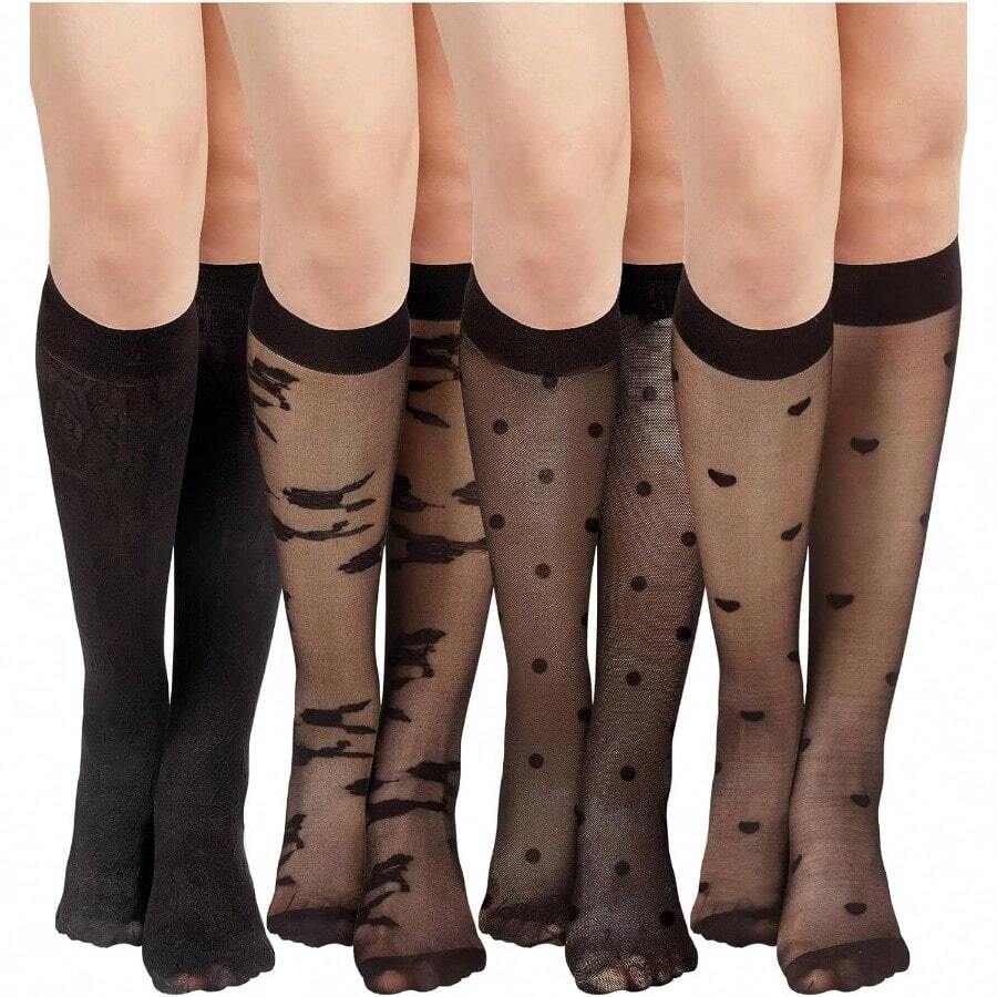 - 4 pares de medias de rejilla para mujer, calcetines de pantorrilla para mujer, hasta el tobillo, transparentes - Charm Negro + Elegante - Ver 1