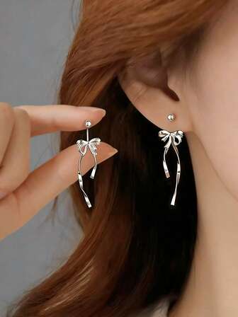 1 par de pendientes de joyería de plata de ley 925 elegantes para mujer, pendientes de botón con lazo de bailarina y borla, pendientes colgantes minimalistas sofisticados