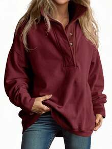 Women's Oversized Sweatshirt Snap Stand Collar Long Sleeve Casual Pullover Fall Winter Christmas Gifts - Màu Đỏ Sâu - Xem 2